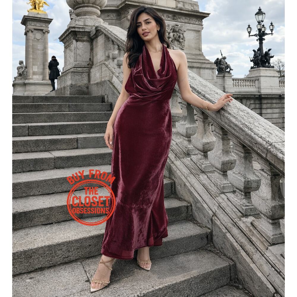 Zara NWT Raspberry Velvet Halter Open Back Maxi Dress M - Picture 14 of 16